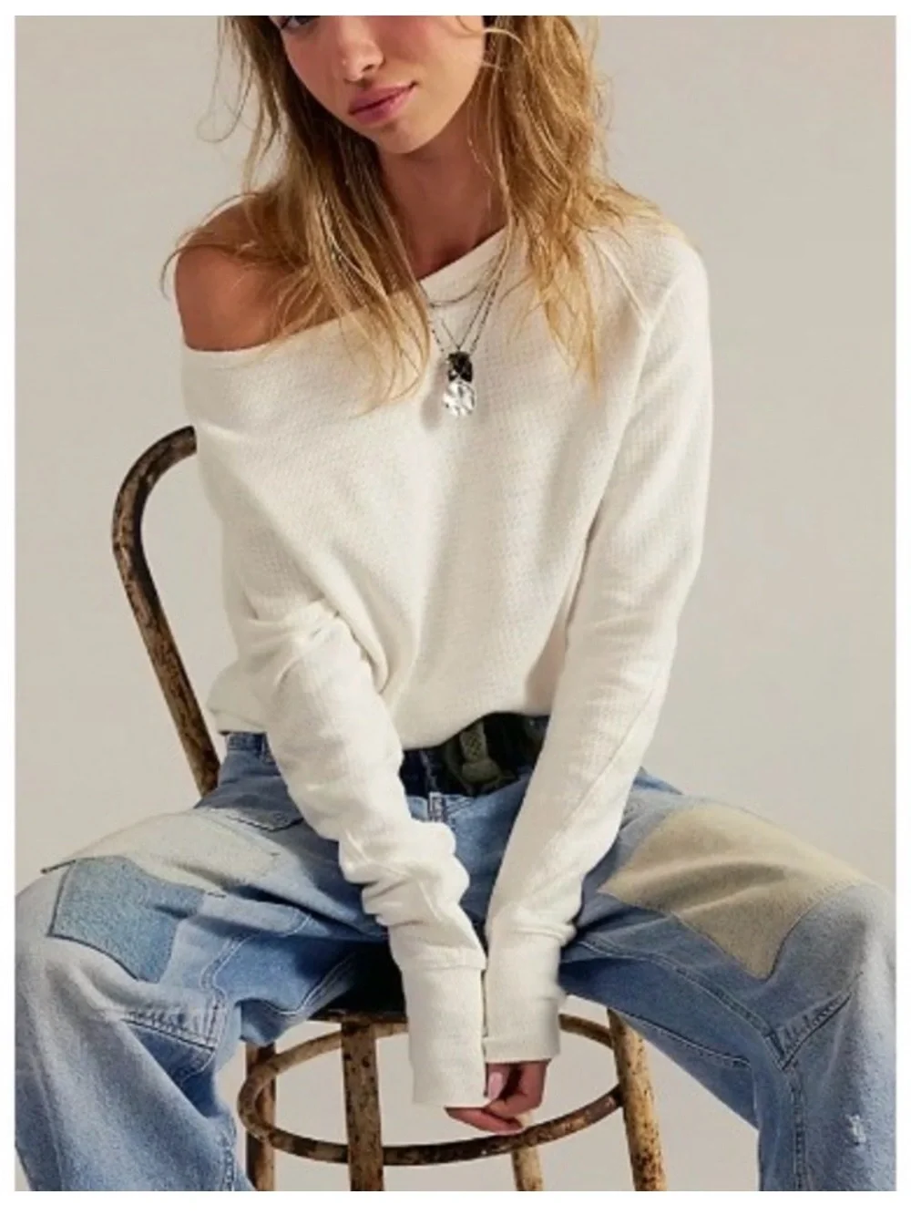 NWT Free People We The Free Jess Long Sleeve Waffle 🧇 Knit 🧶 in White